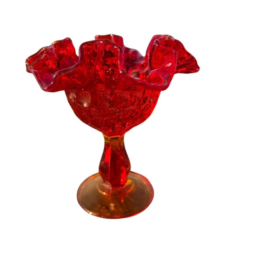 VINTAGE RED CARNIVAL GLASS COMPOTE WITH RUFFLED EDGE - Picture 3 of 12